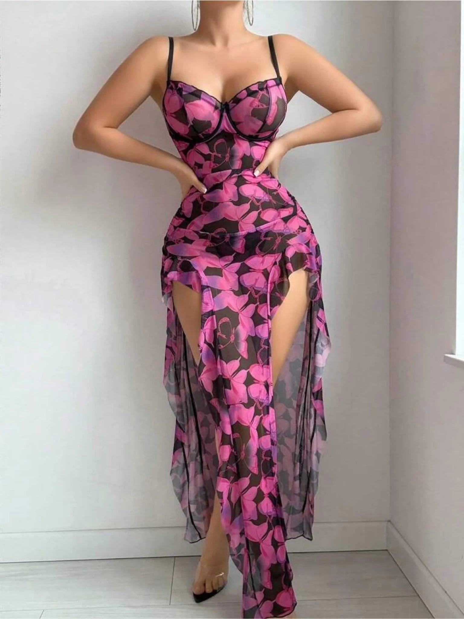 pink and black sheer mesh high slit long lingerie dress