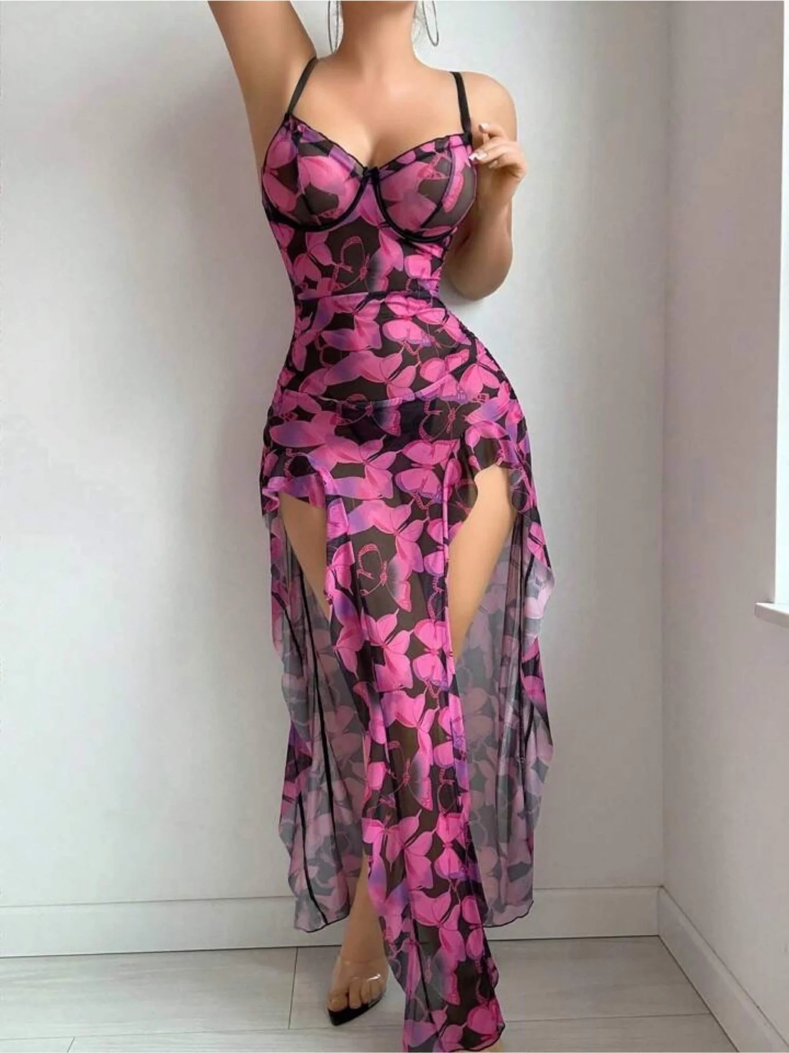 pink and black sheer mesh high slit long lingerie dress - Image 2