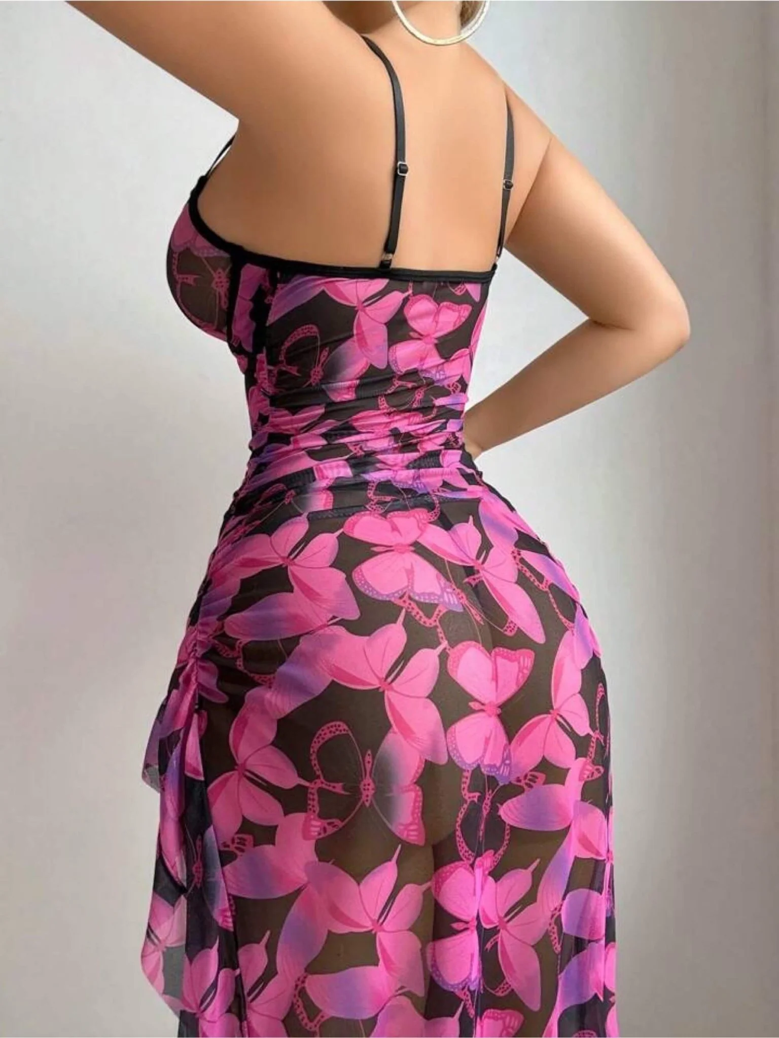 pink and black sheer mesh high slit long lingerie dress - Image 3