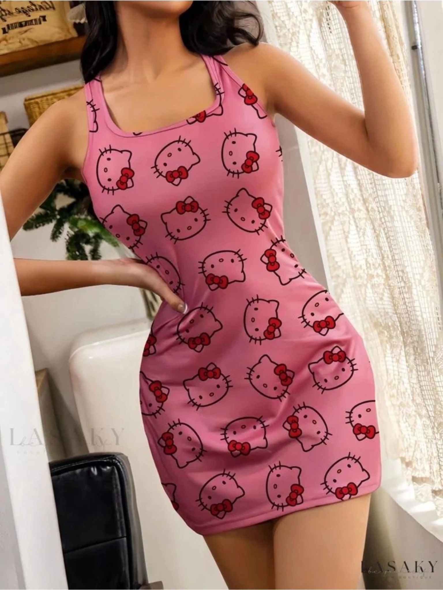 Pink Character Head Print Bodycon Tank Dress - Bow Design 🎀 - Image 3