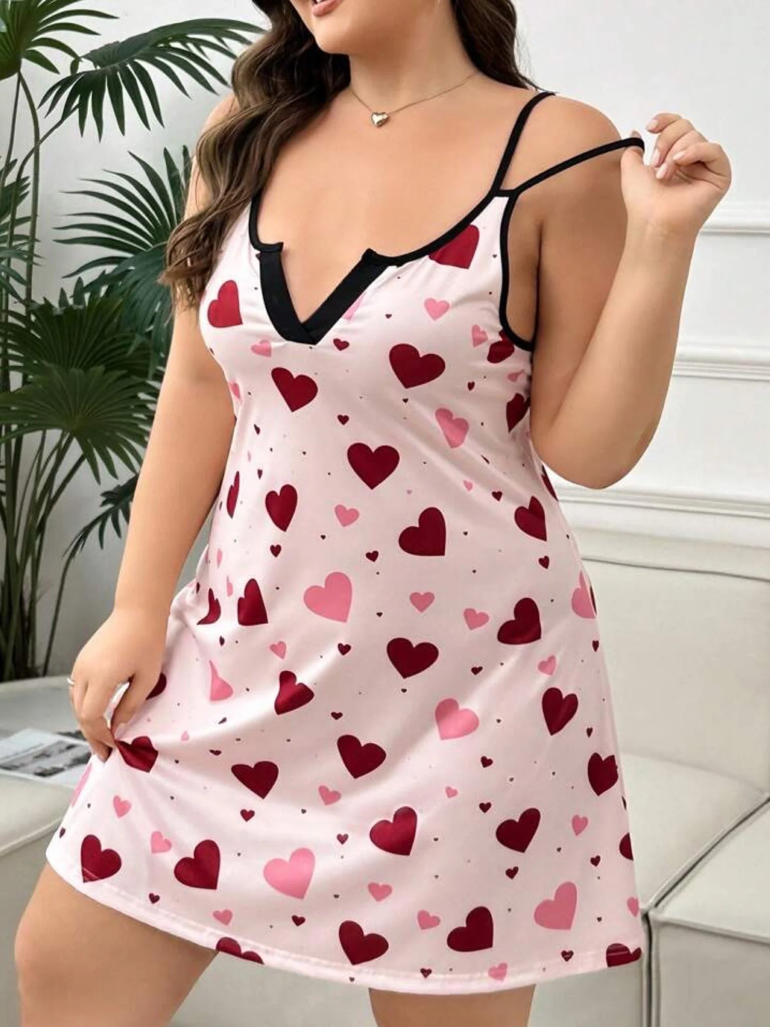 Pink Heart Print Notch Neck Nightie - Sleeveless Double Strap Sleepwear