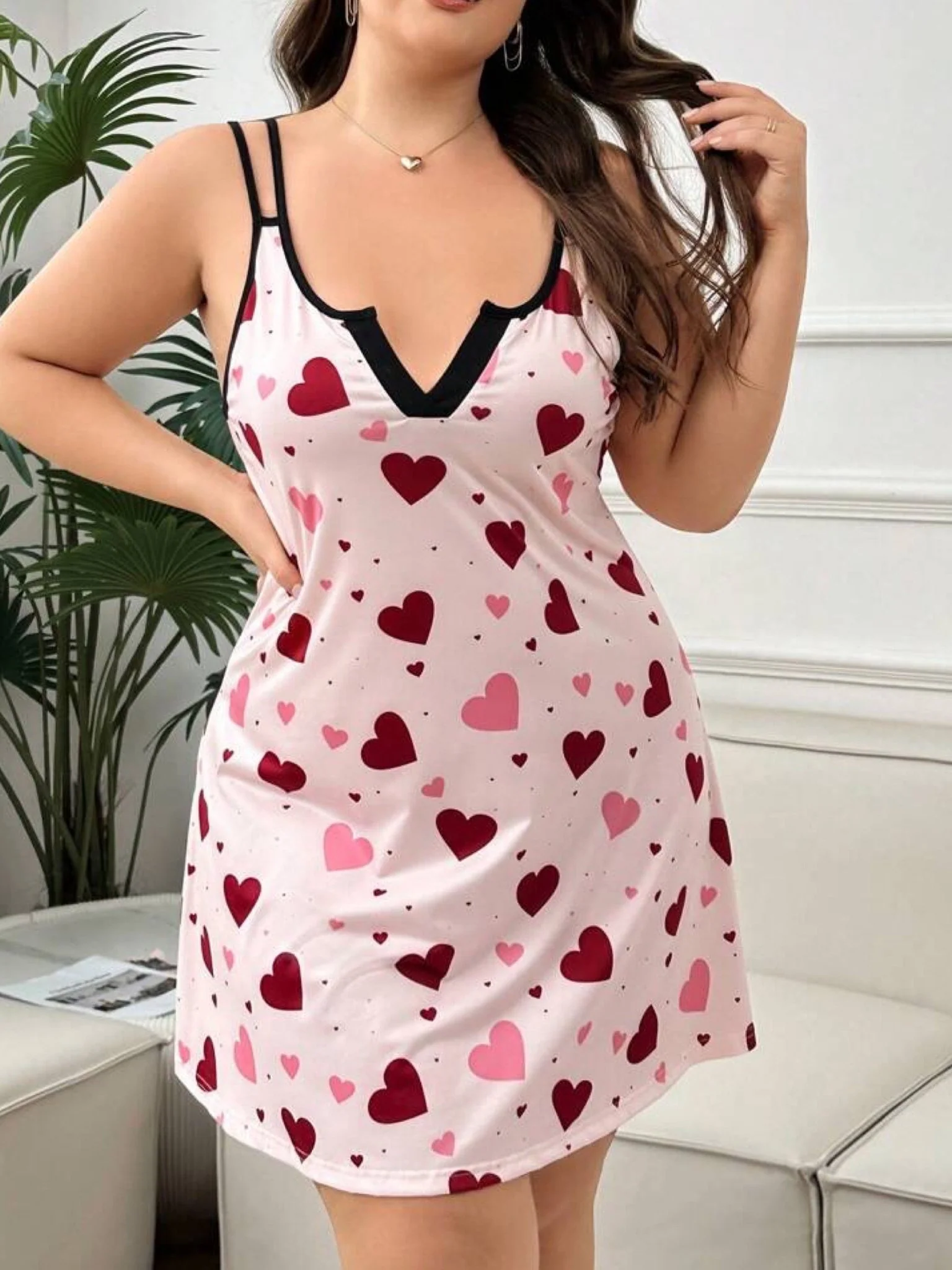 Pink Heart Print Notch Neck Nightie - Sleeveless Double Strap Sleepwear - Image 2