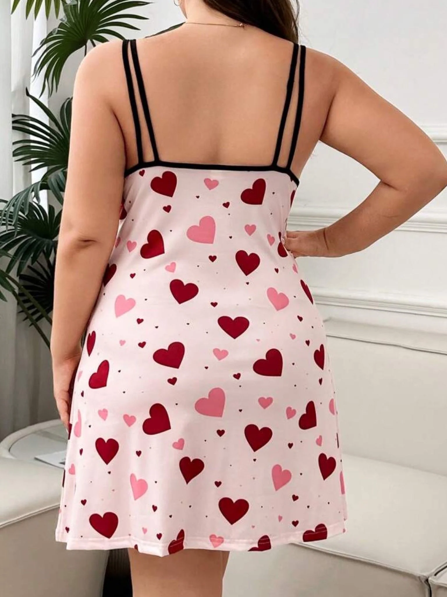 Pink Heart Print Notch Neck Nightie - Sleeveless Double Strap Sleepwear - Image 3