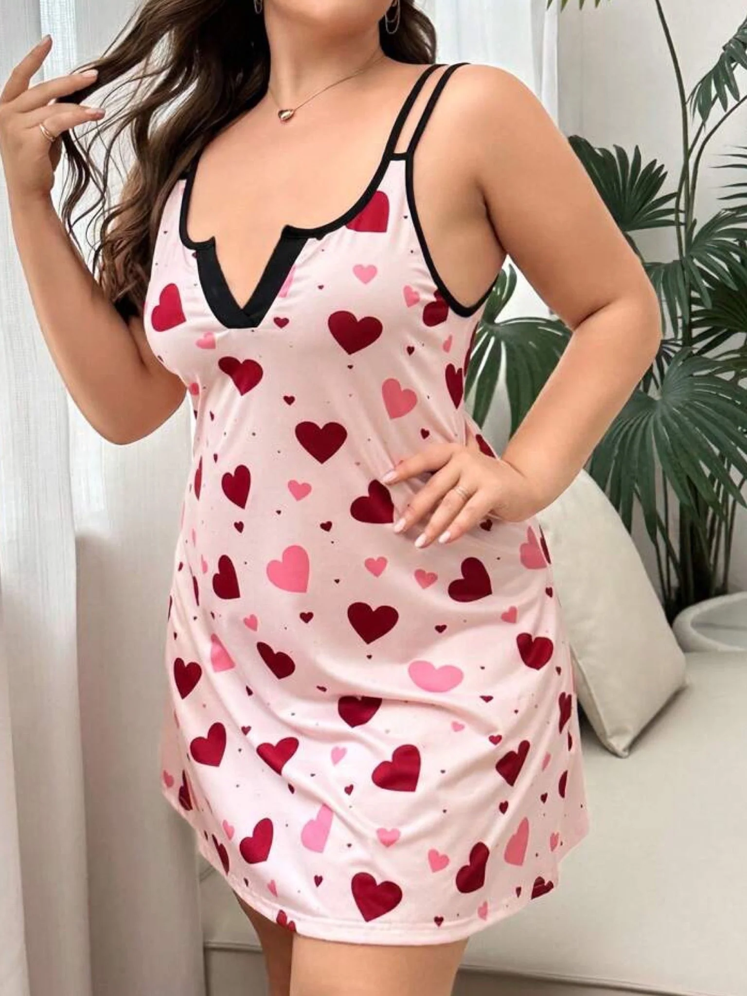 Pink Heart Print Notch Neck Nightie - Sleeveless Double Strap Sleepwear - Image 4