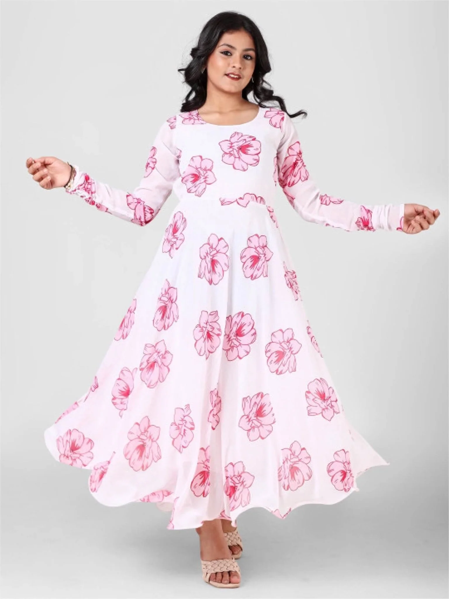 Pink Petal Blossom White Georgette Floral Gown Dress