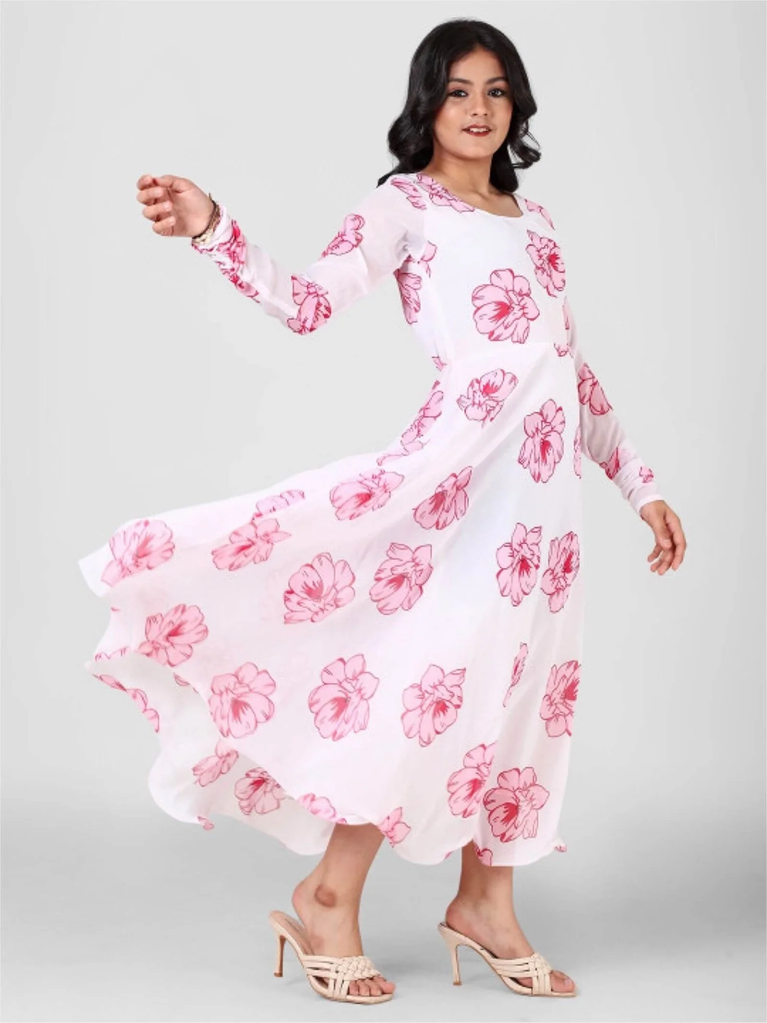 Pink Petal Blossom White Georgette Floral Gown Dress - Image 2