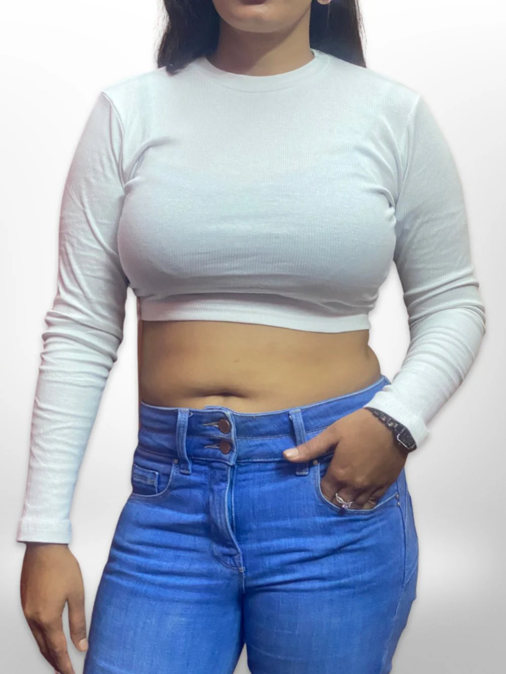 Plain Long Sleeve Crop Top - Image 2