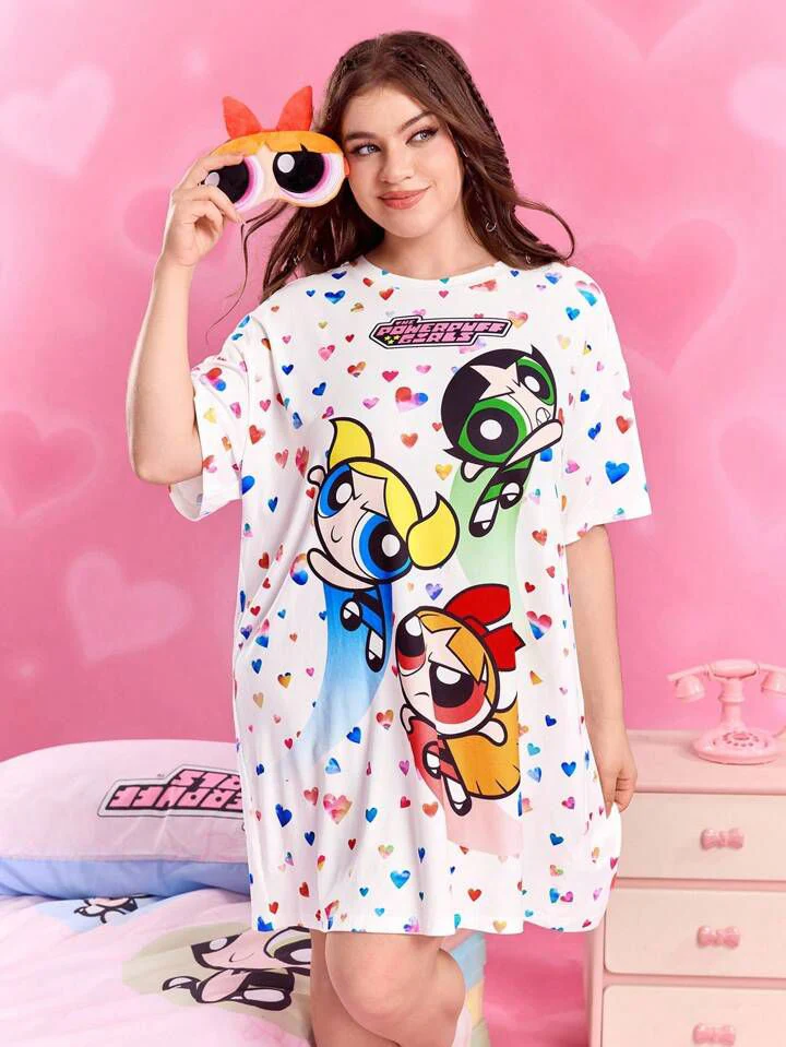 Powerpuff Girls Heart & Character Print Oversized Tee