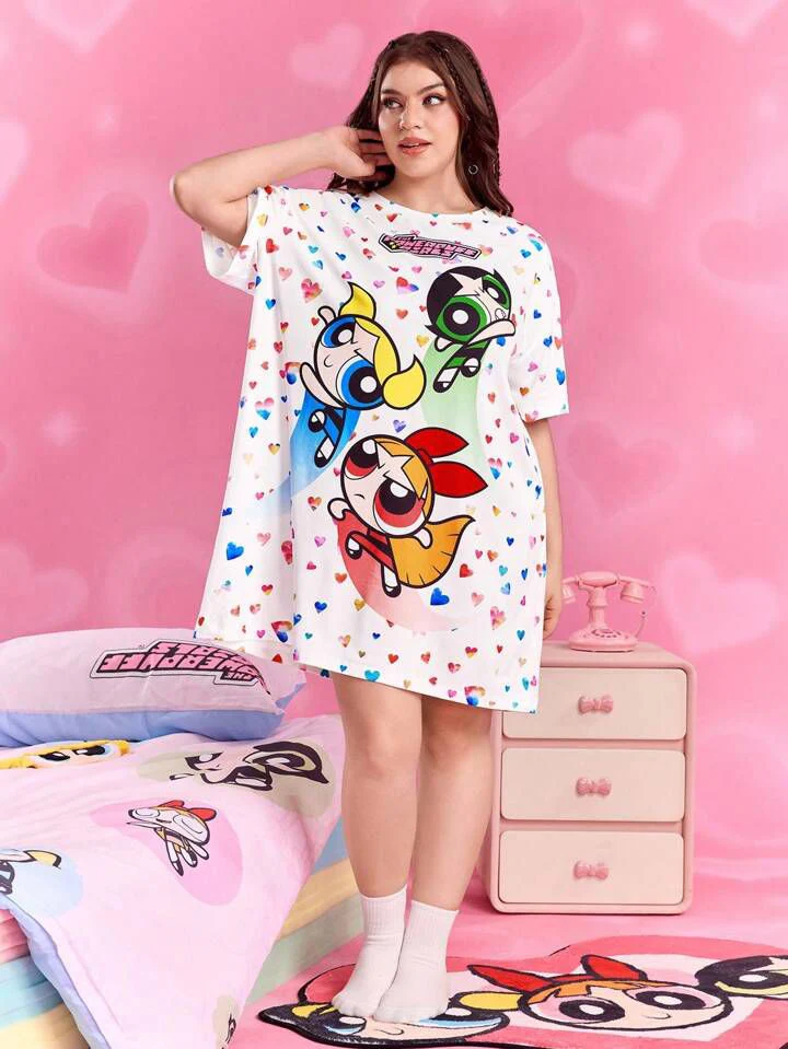 Powerpuff Girls Heart & Character Print Oversized Tee - Image 3