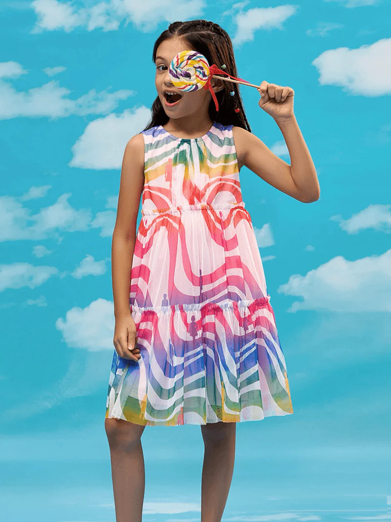 Rainbow Print Baby Girls Double Layered Flare Party Dress