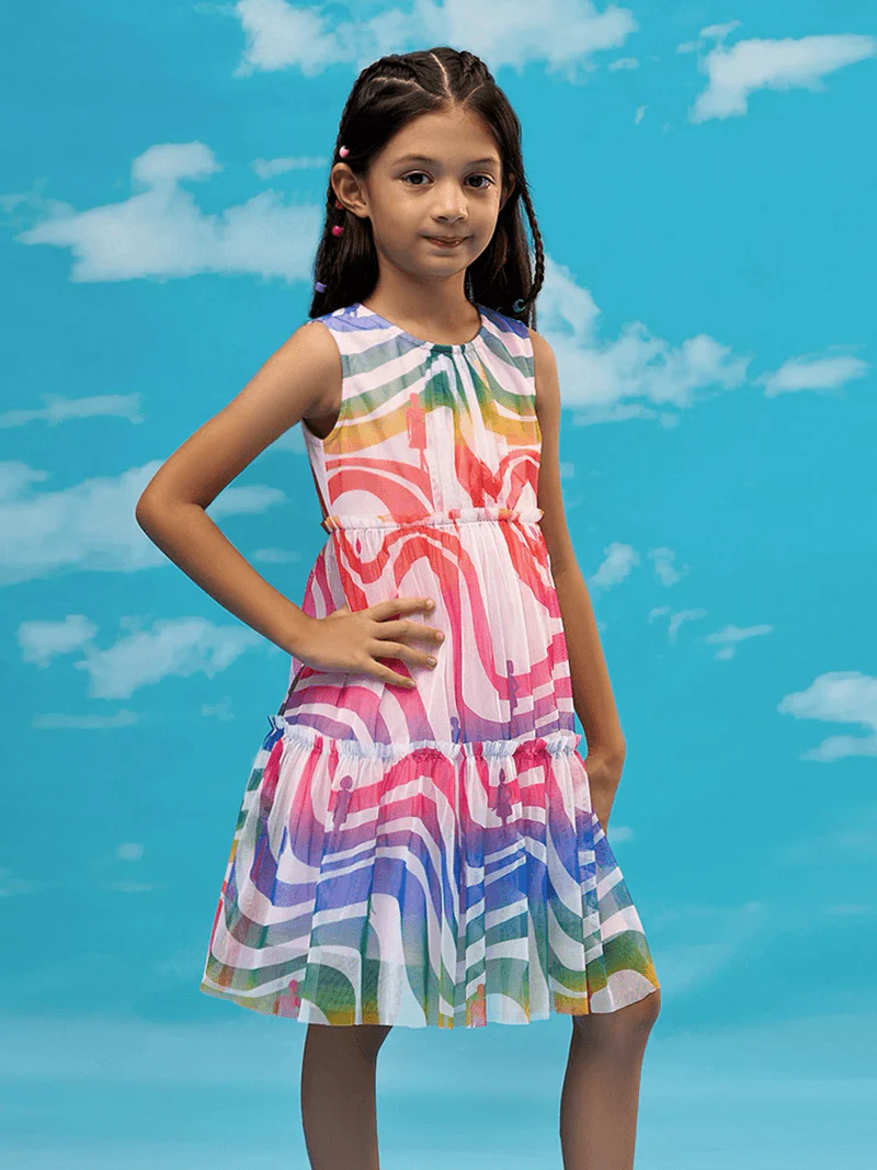 Rainbow Print Baby Girls Double Layered Flare Party Dress - Image 2