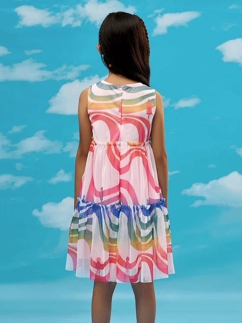 Rainbow Print Baby Girls Double Layered Flare Party Dress - Image 3