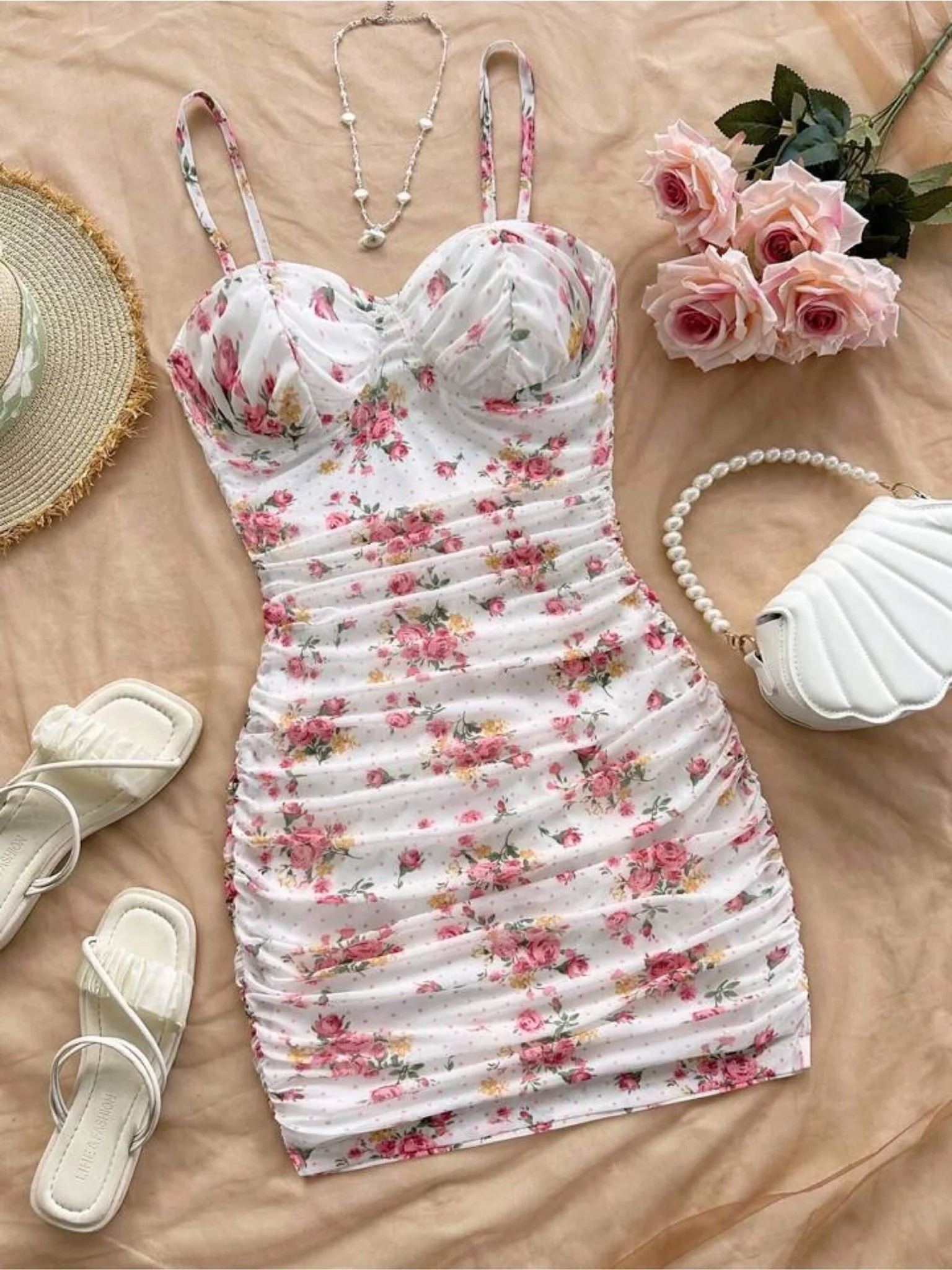 Rosalie Pink Rose Ruched Mini Dress - Sweetheart Floral Cami Bodycon