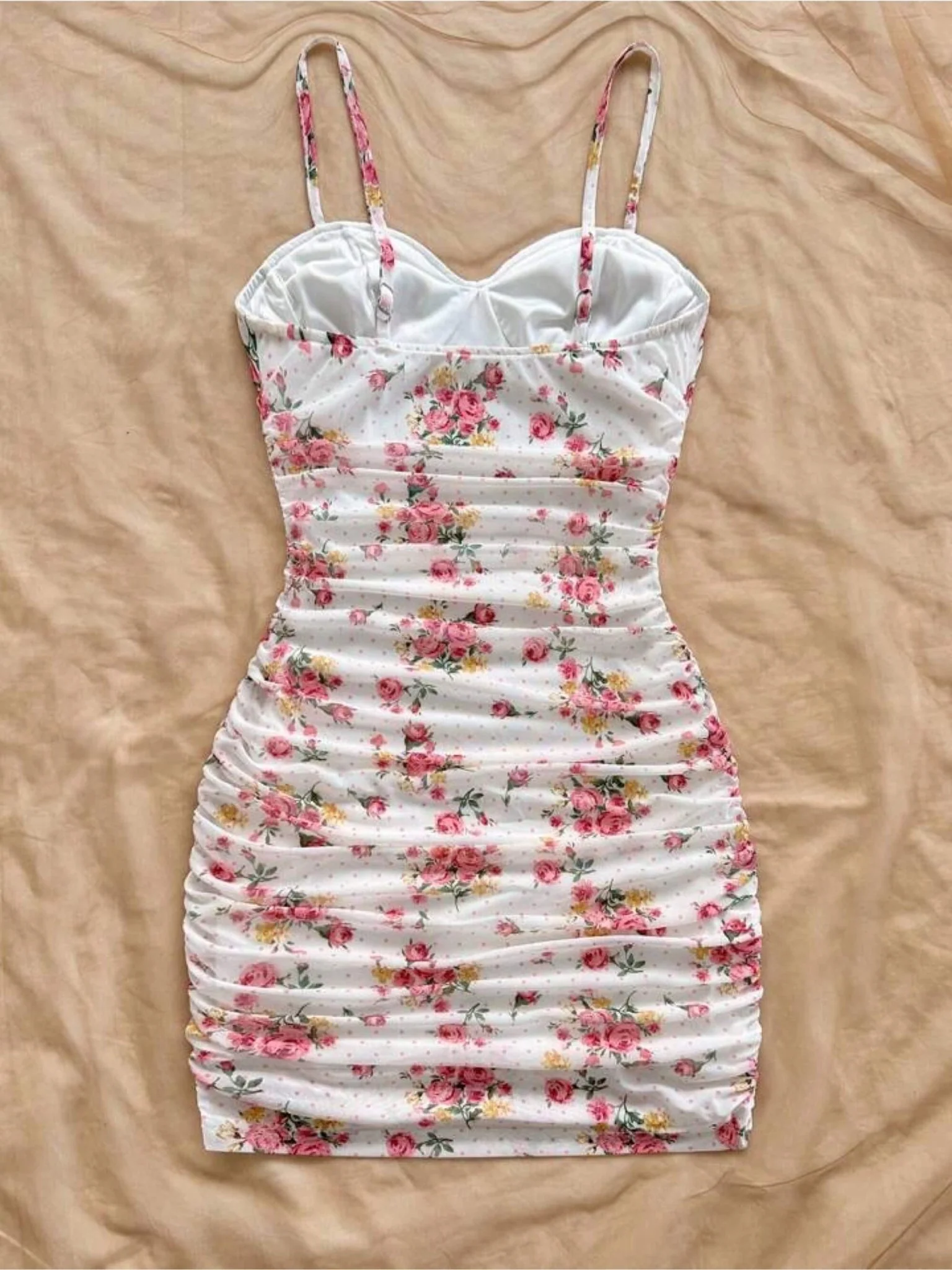 Rosalie Pink Rose Ruched Mini Dress - Sweetheart Floral Cami Bodycon - Image 2