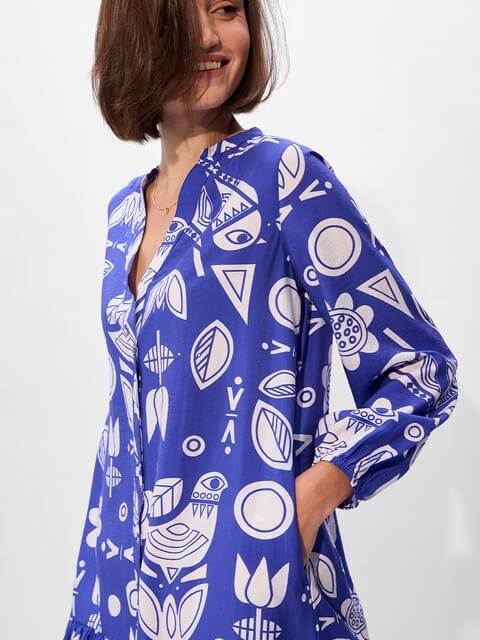 Royal Blue Folk Art Print Ruffle Hem Dress - Long Sleeve Button-Up Mini