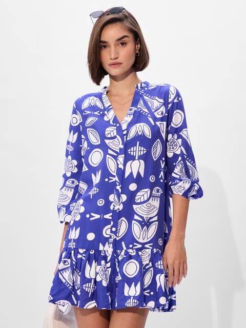 Royal Blue Folk Art Print Ruffle Hem Dress - Long Sleeve Button-Up Mini - Image 2