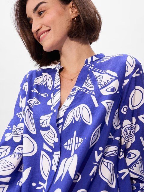 Royal Blue Folk Art Print Ruffle Hem Dress - Long Sleeve Button-Up Mini - Image 3