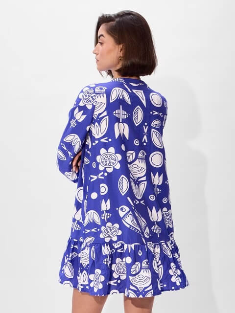 Royal Blue Folk Art Print Ruffle Hem Dress - Long Sleeve Button-Up Mini - Image 4
