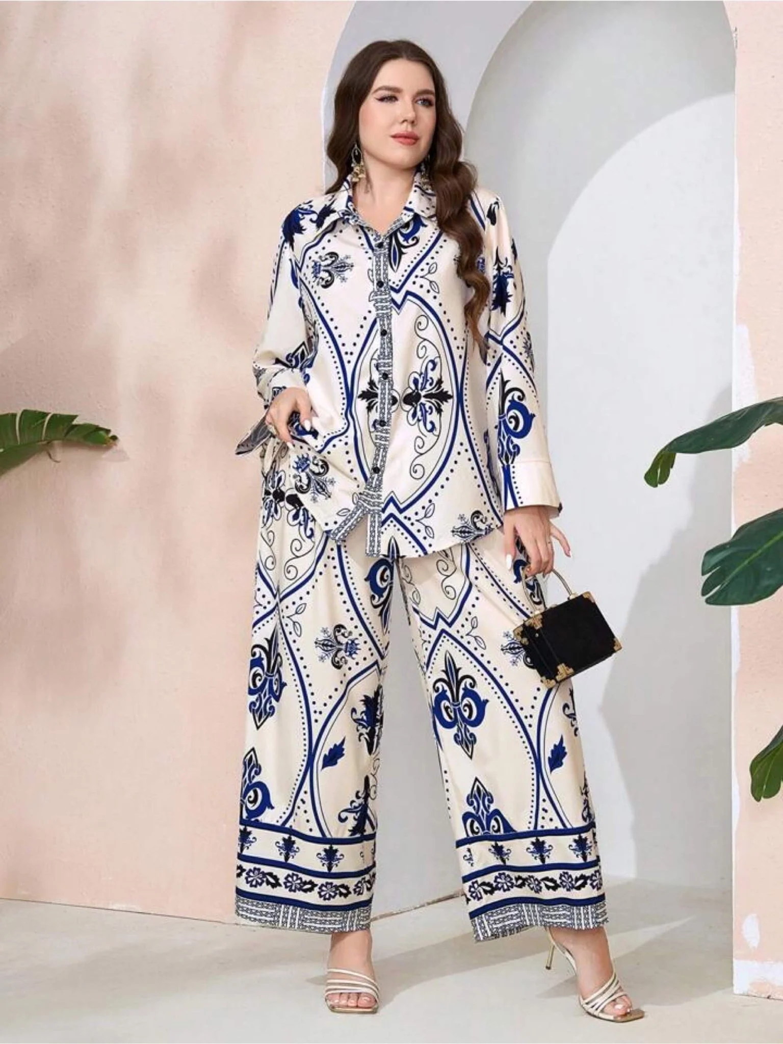 Royal Damask Ornamental Print Satin Finish Shirt & Wide Leg Pant Lounge Set