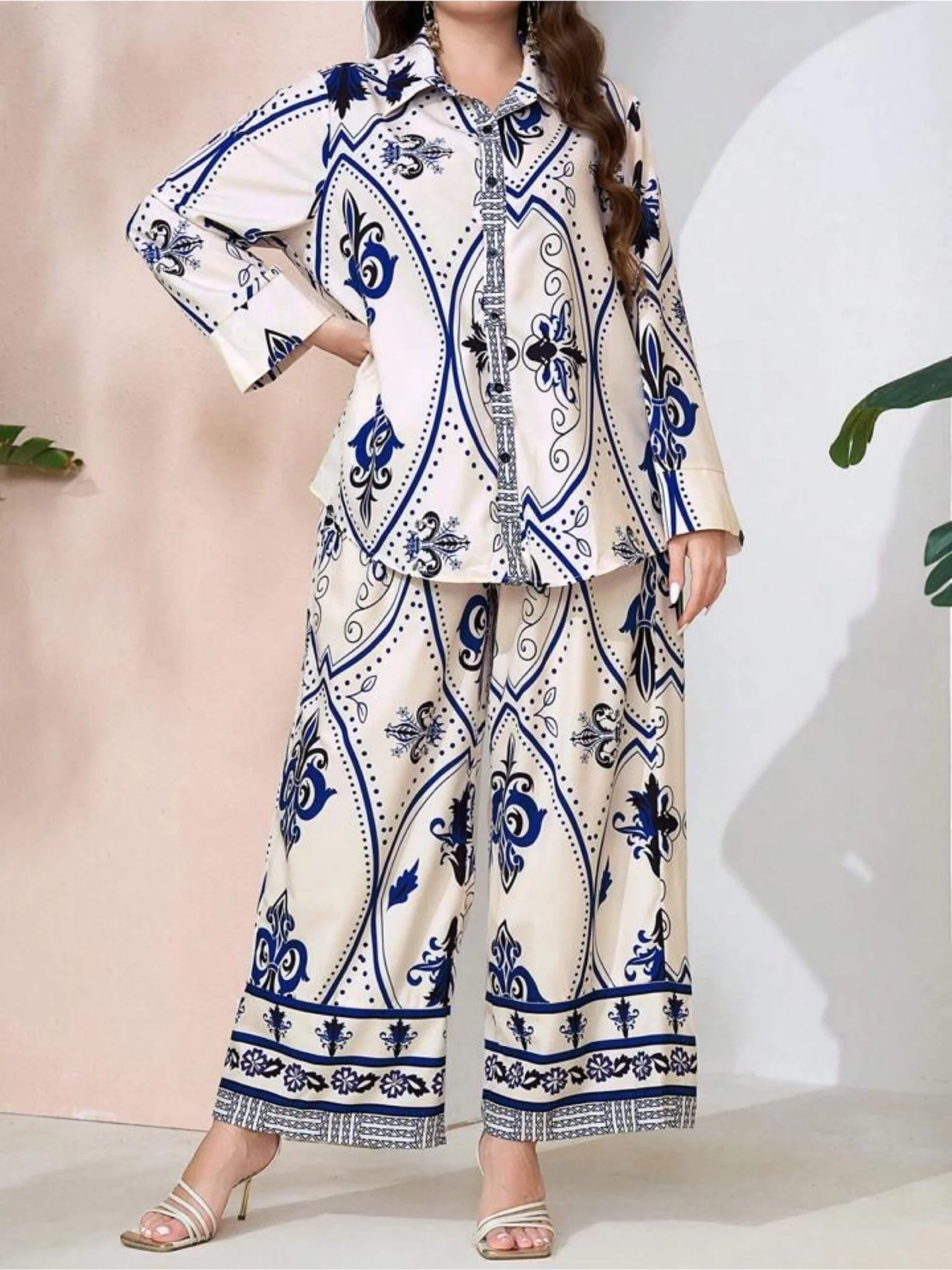Royal Damask Ornamental Print Satin Finish Shirt & Wide Leg Pant Lounge Set - Image 2
