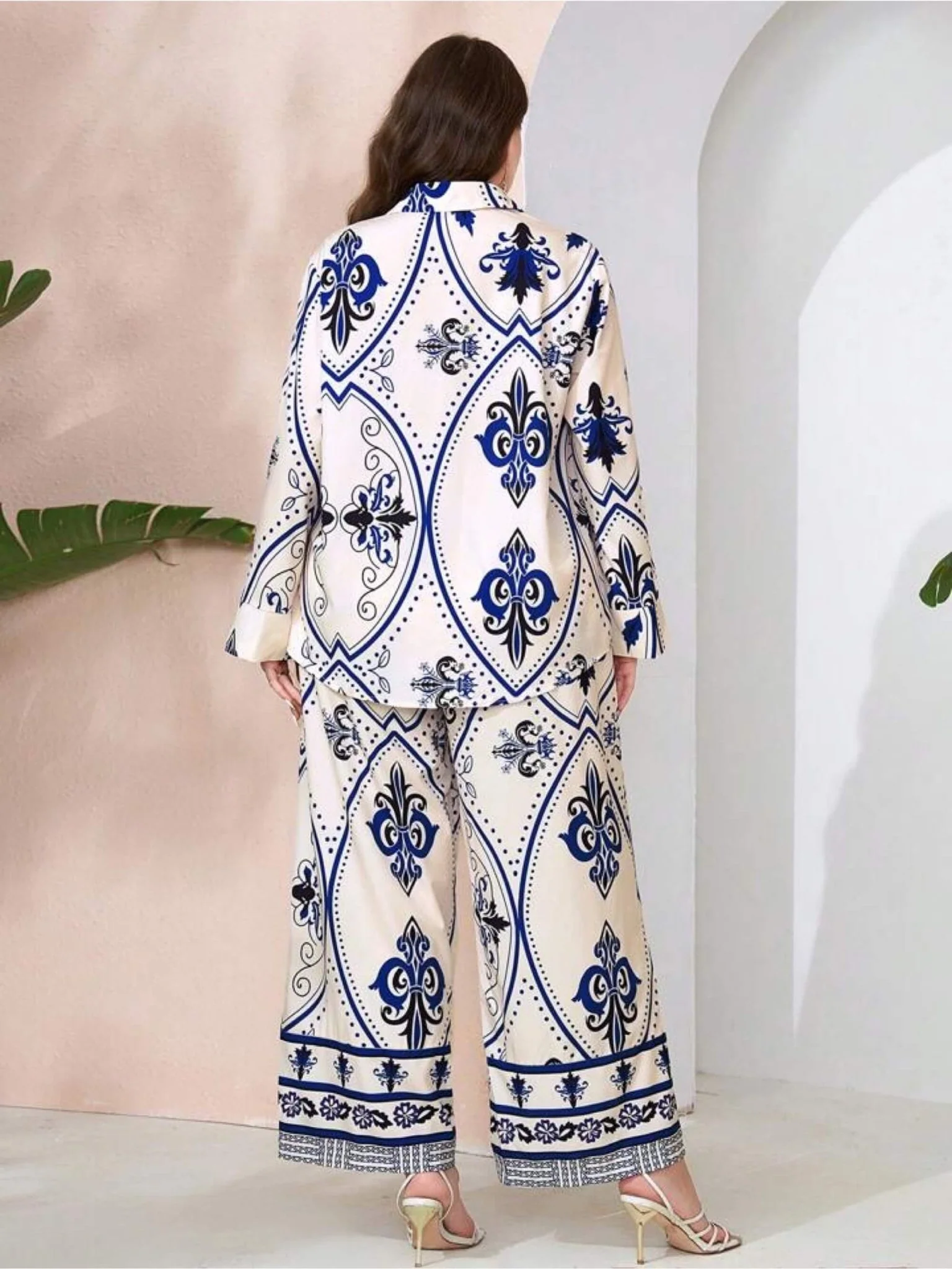 Royal Damask Ornamental Print Satin Finish Shirt & Wide Leg Pant Lounge Set - Image 4