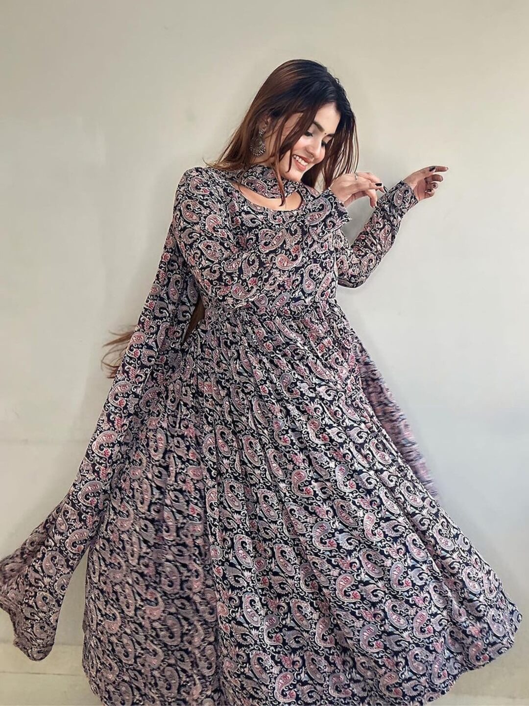 Royal Paisley Printed Black Cotton Anarkali Suit with Gold Gota Border - Image 4