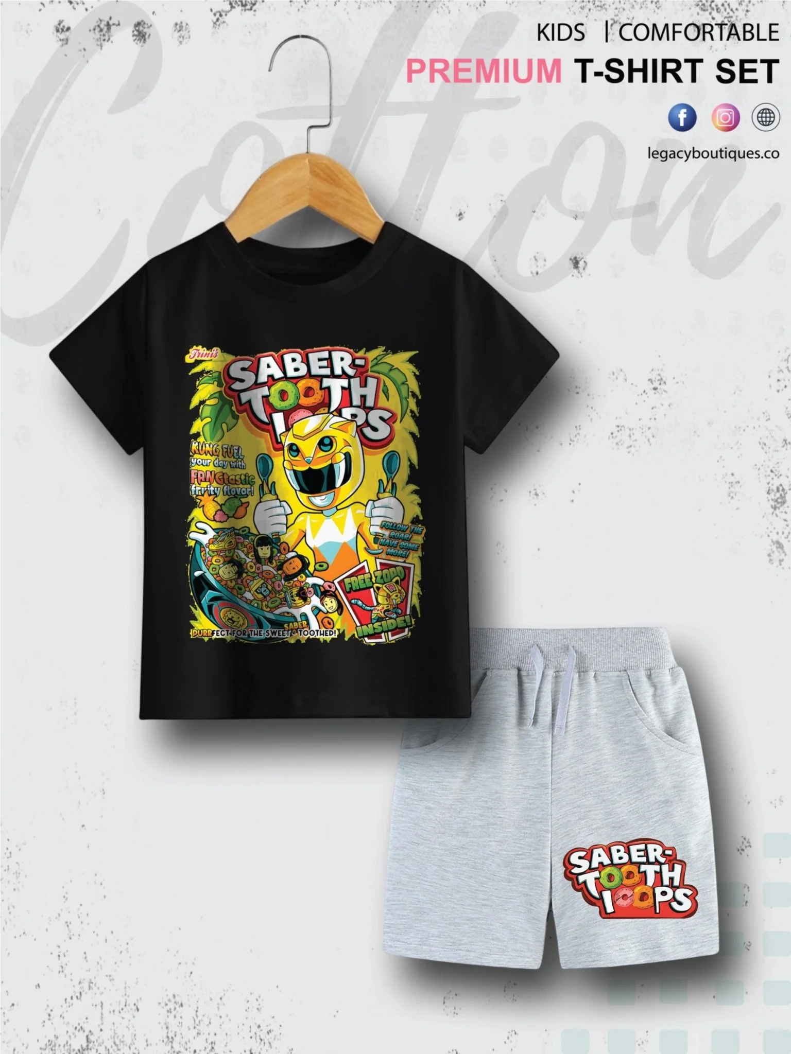 Saber Tooth Loops Printed 6 Month To 6 Year Summer Time Baby & Kids Super Cozy T-shirt Set