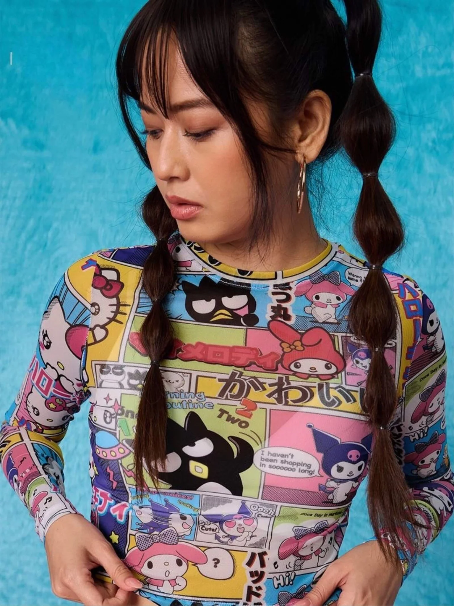 Sanrio Friends Comic Print Mesh Long Sleeve Crop Top - Hello Kitty & Kuromi