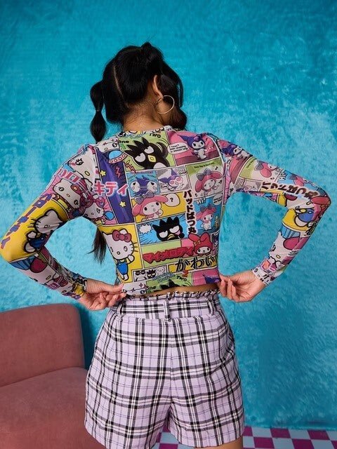 Sanrio Friends Comic Print Mesh Long Sleeve Crop Top - Hello Kitty & Kuromi - Image 4
