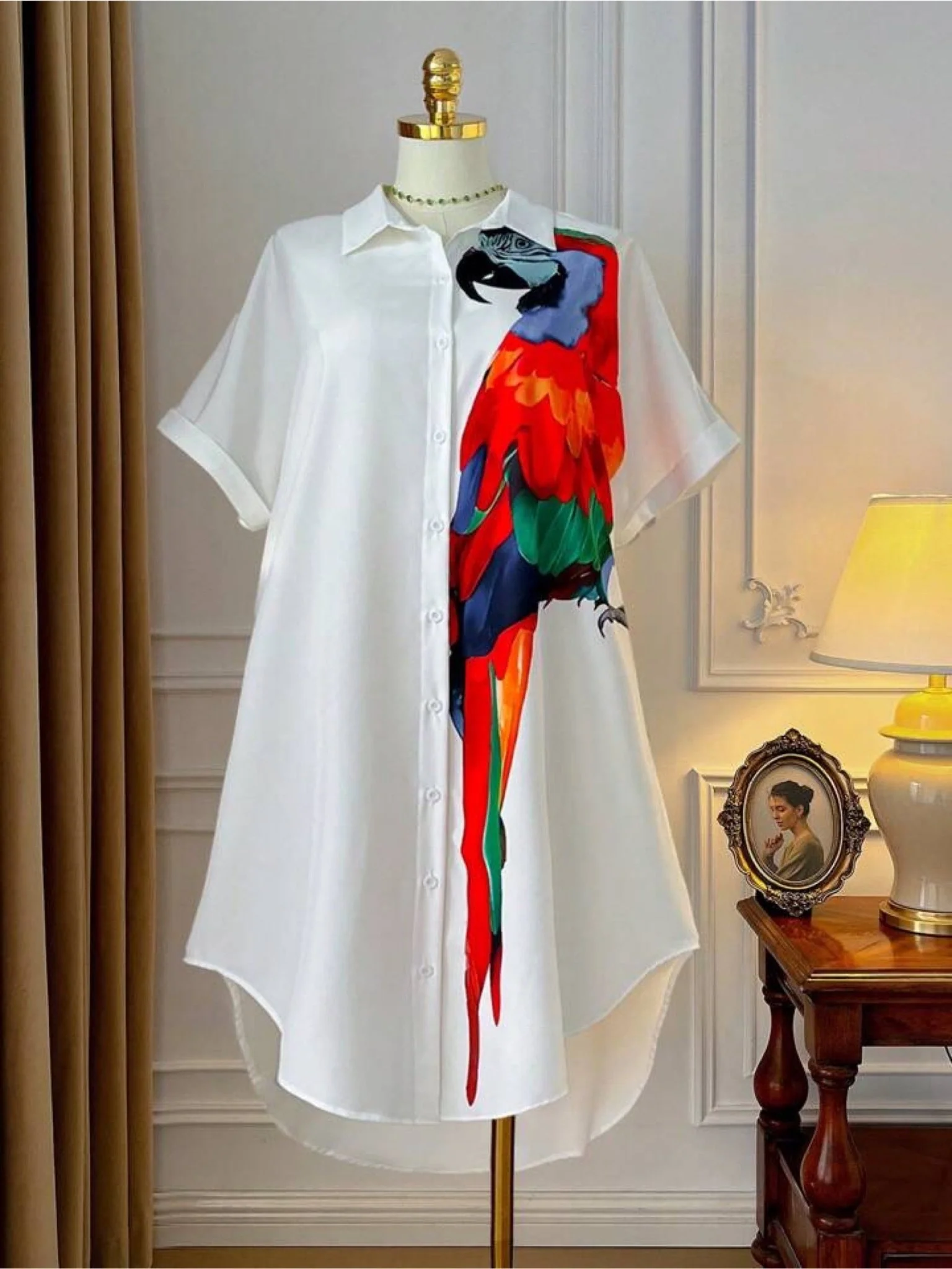 Scarlet Macaw Tropical Print High-Low Oversized White Shirt Dress 🦜