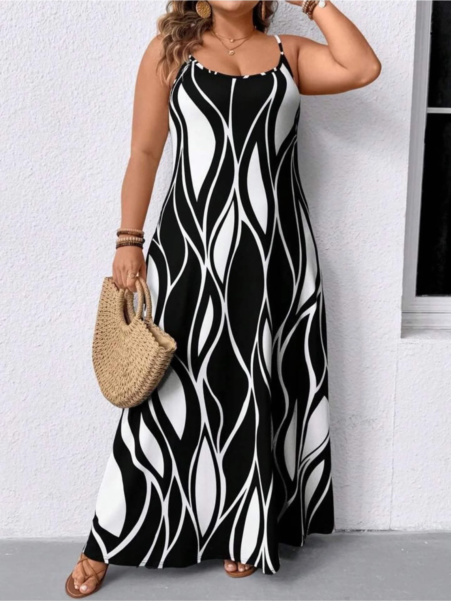 Serene Swirl Black & White Abstract Leaf Print A-Line Cami Maxi Dress