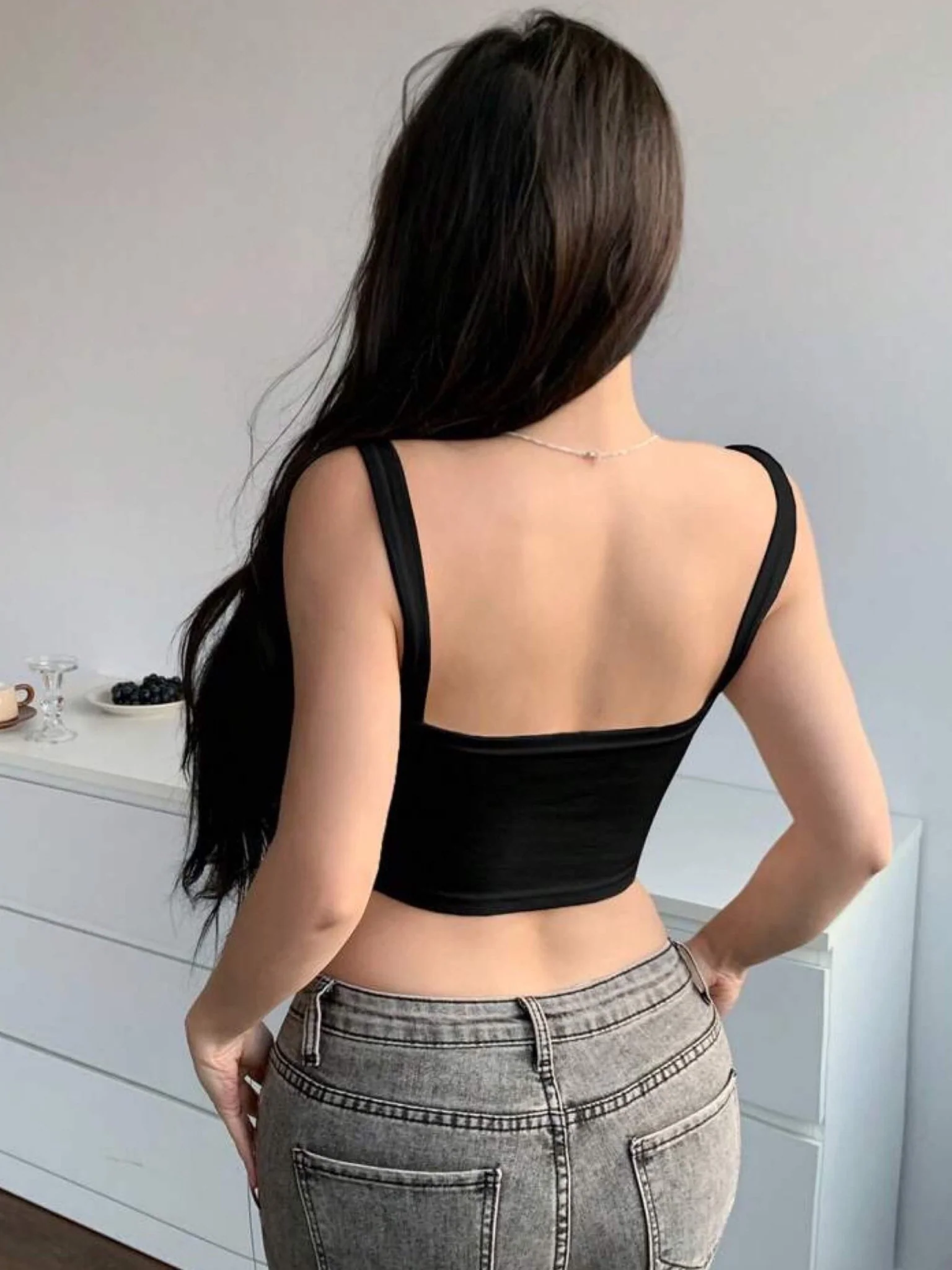 Sexy stitch fabric sleevless crop top deep neck - Image 4