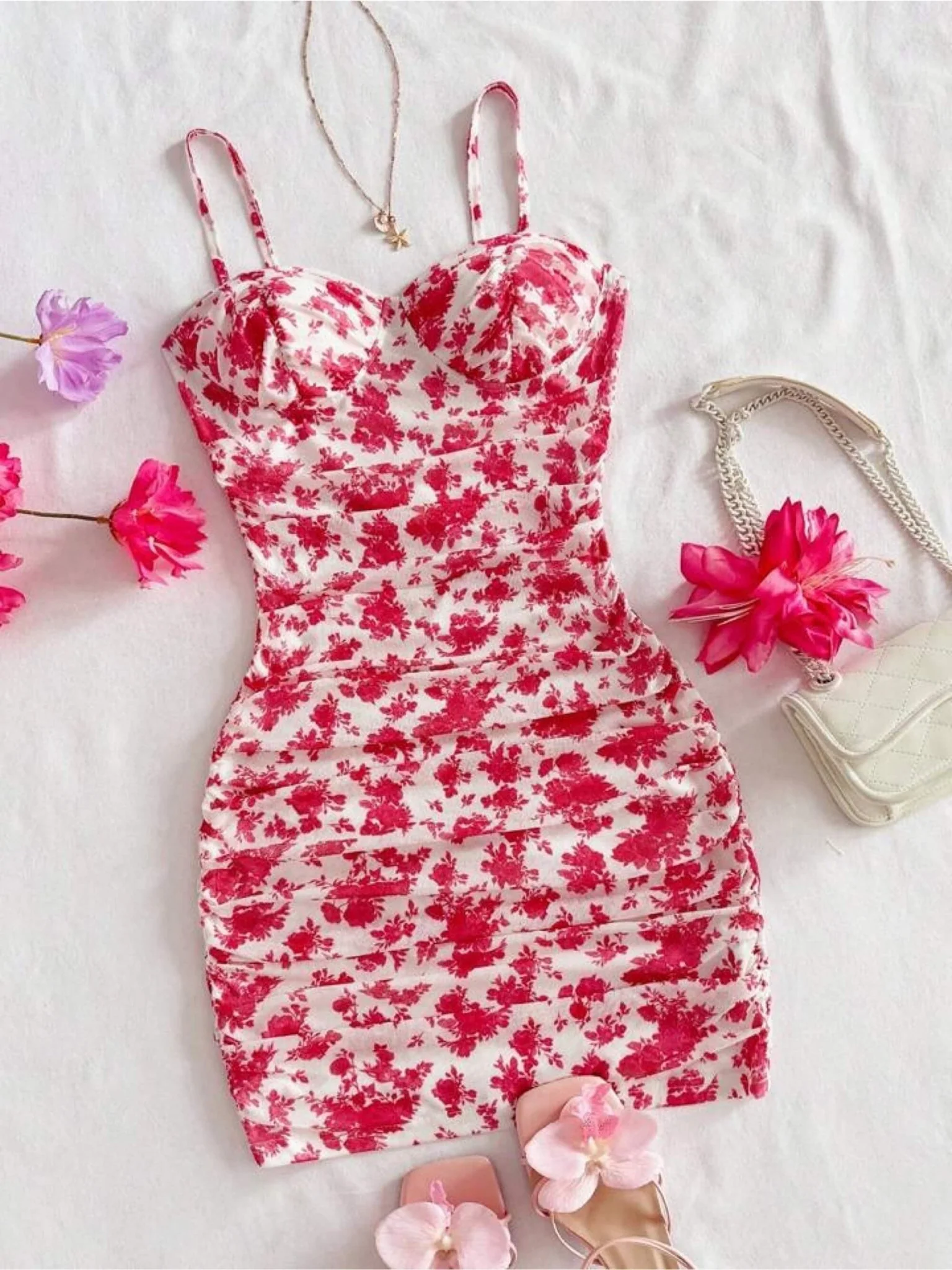 Siren Rose Red Floral Ruched Mini Dress - Sweetheart Bustier Bodycon