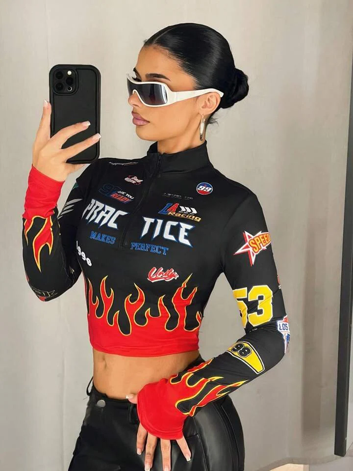 Slim Fit Motorcycle & Flame Print Stand Collar Full Sleeve Crop Top