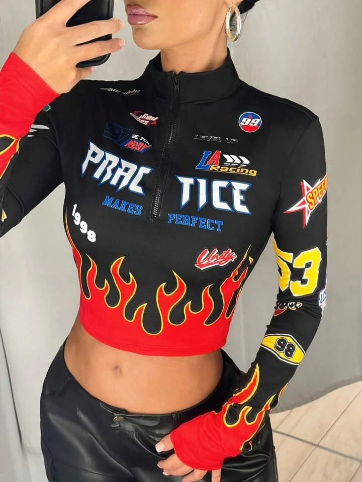 Slim Fit Motorcycle & Flame Print Stand Collar Full Sleeve Crop Top - Image 2