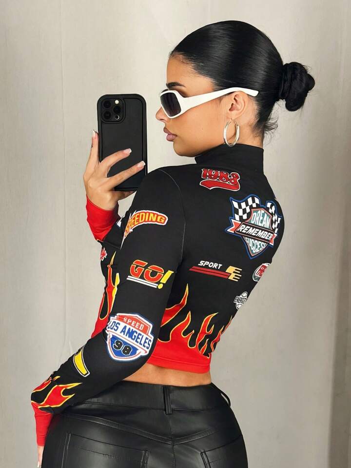 Slim Fit Motorcycle & Flame Print Stand Collar Full Sleeve Crop Top - Image 4