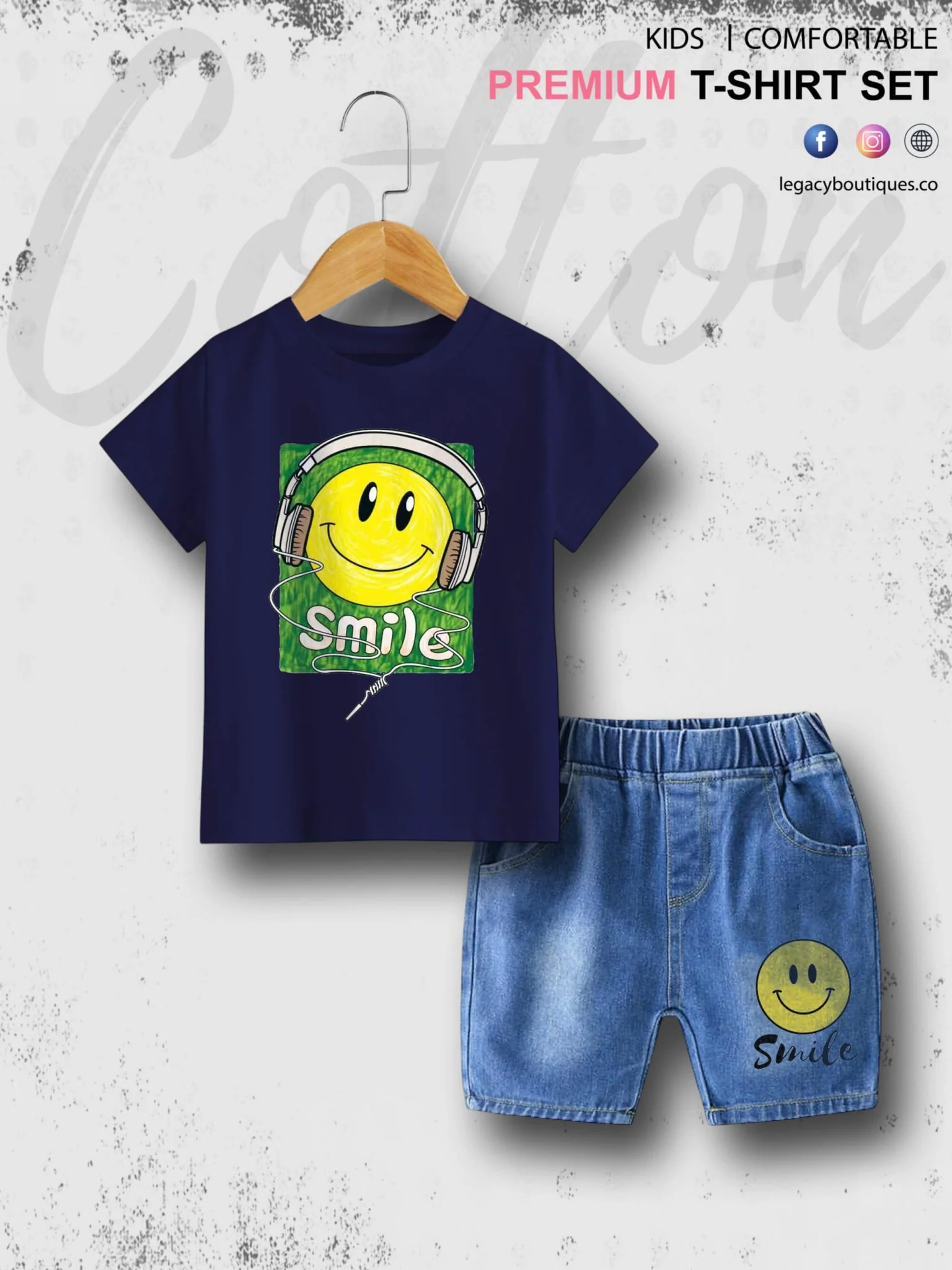 Smile Emoji Print Summer Time Tshirt Set For Baby Boys & Girls T-Shirt and Denim Pant