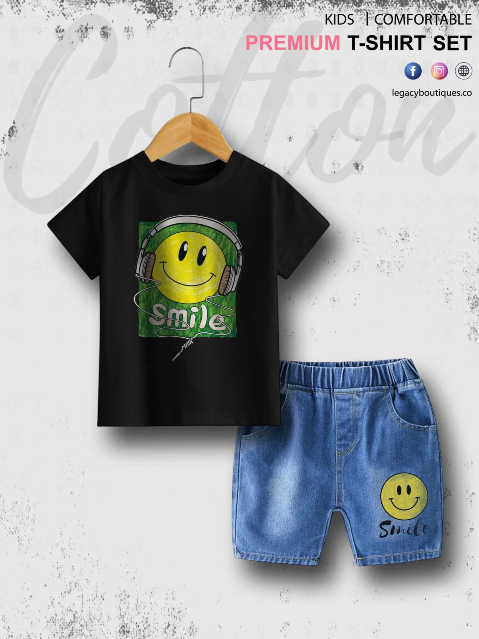 Smile Emoji Print Summer Time Tshirt Set For Baby Boys & Girls T-Shirt and Denim Pant - Image 2