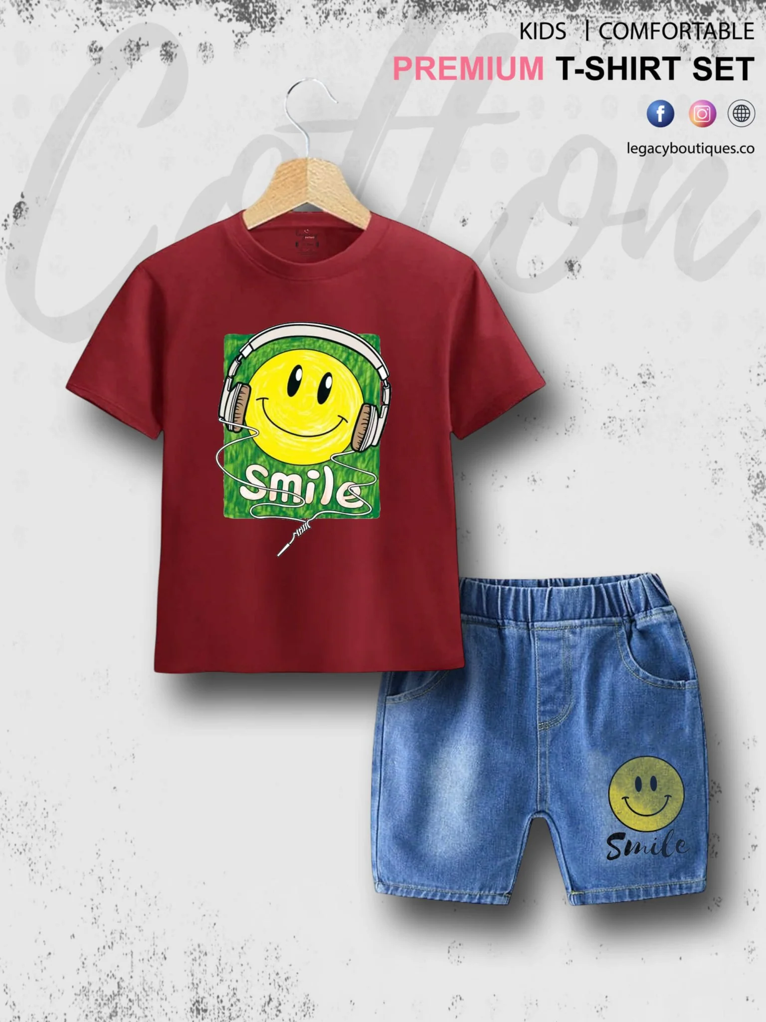 Smile Emoji Print Summer Time Tshirt Set For Baby Boys & Girls T-Shirt and Denim Pant - Image 3