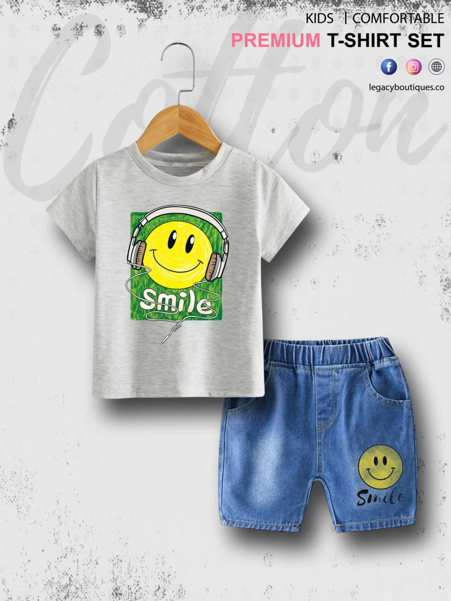 Smile Emoji Print Summer Time Tshirt Set For Baby Boys & Girls T-Shirt and Denim Pant - Image 4