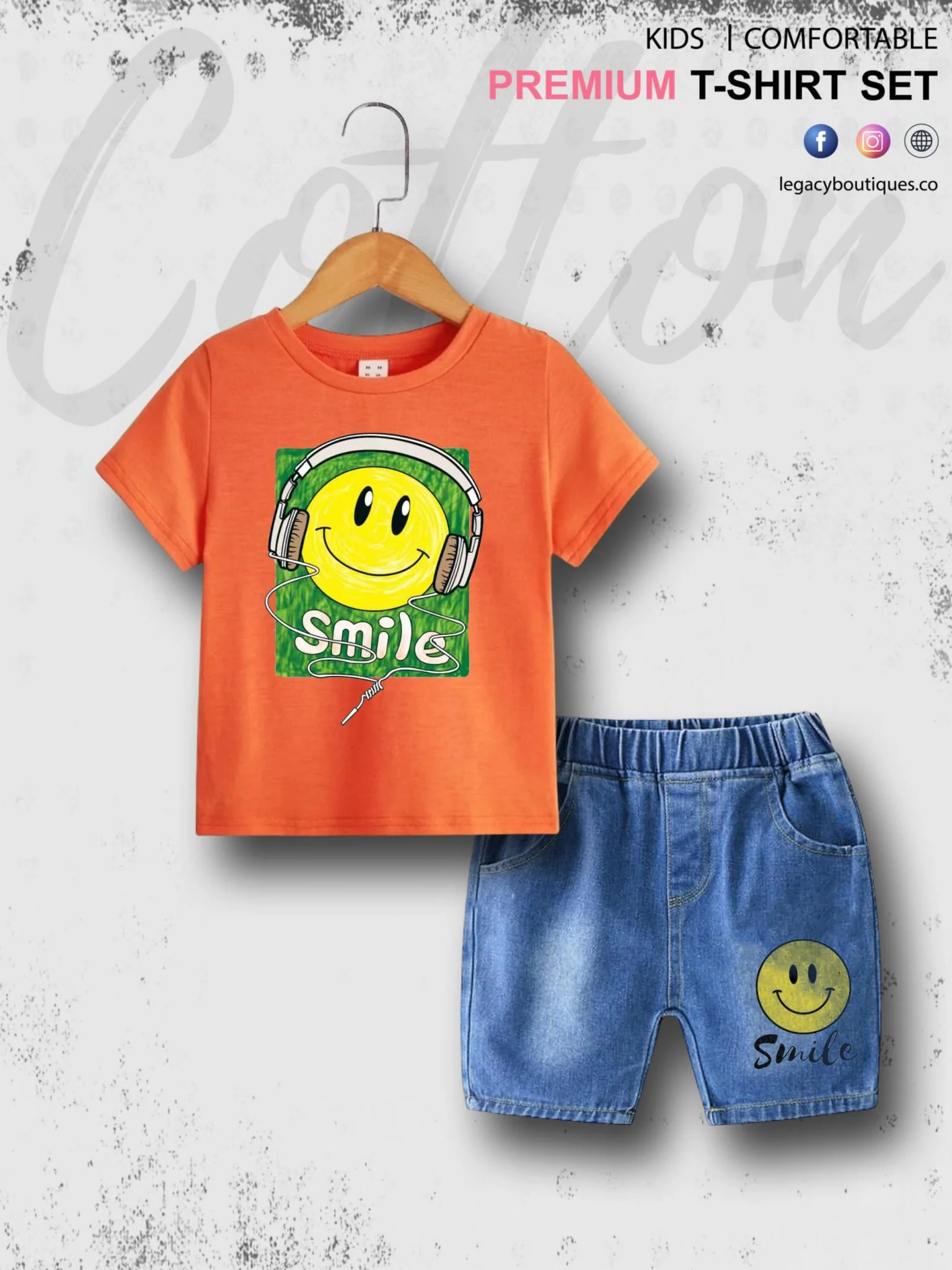 Smile Emoji Print Summer Time Tshirt Set For Baby Boys & Girls T-Shirt and Denim Pant - Image 5
