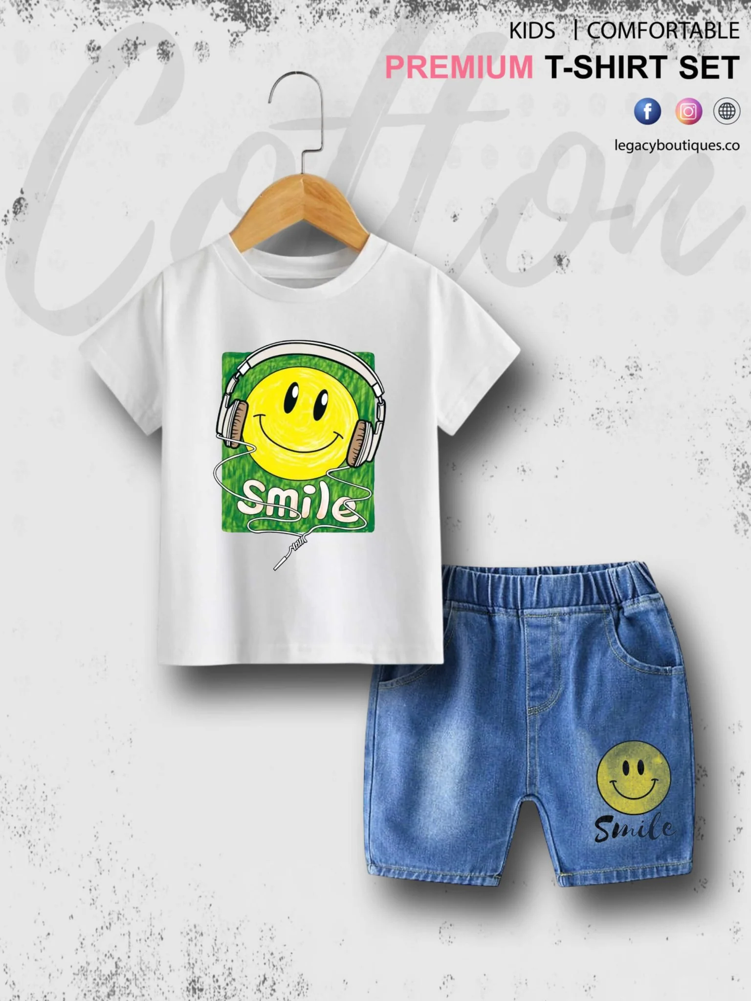 Smile Emoji Print Summer Time Tshirt Set For Baby Boys & Girls T-Shirt and Denim Pant - Image 6