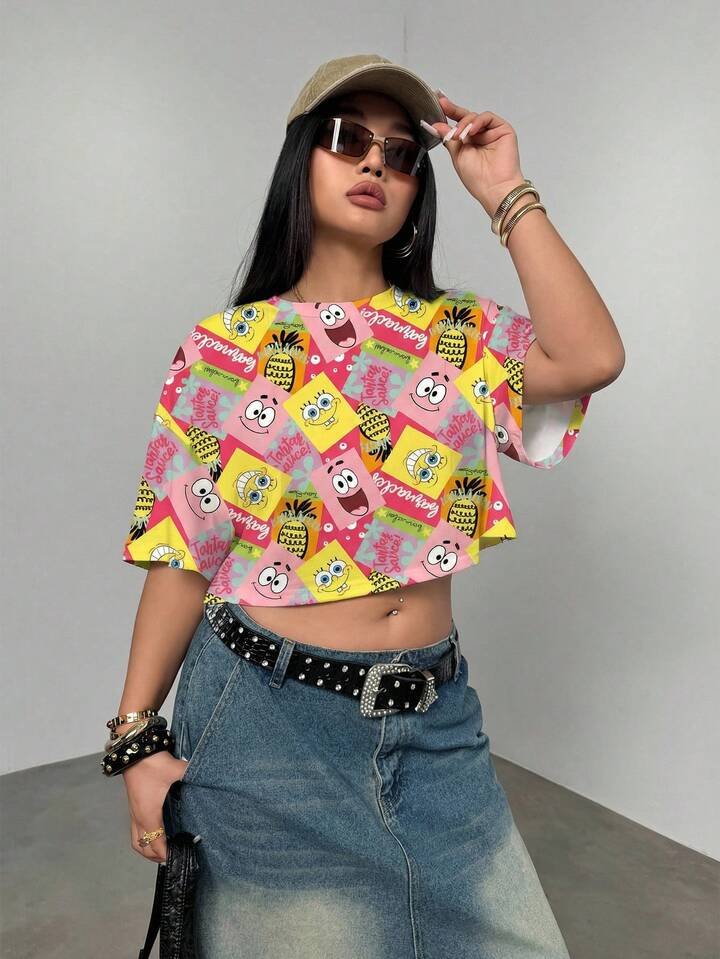 SpongeBob Cartoon Print Oversized Drop Shoulder Crop Top