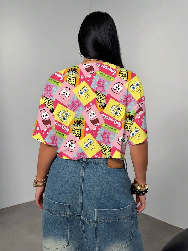 SpongeBob Cartoon Print Oversized Drop Shoulder Crop Top - Image 2