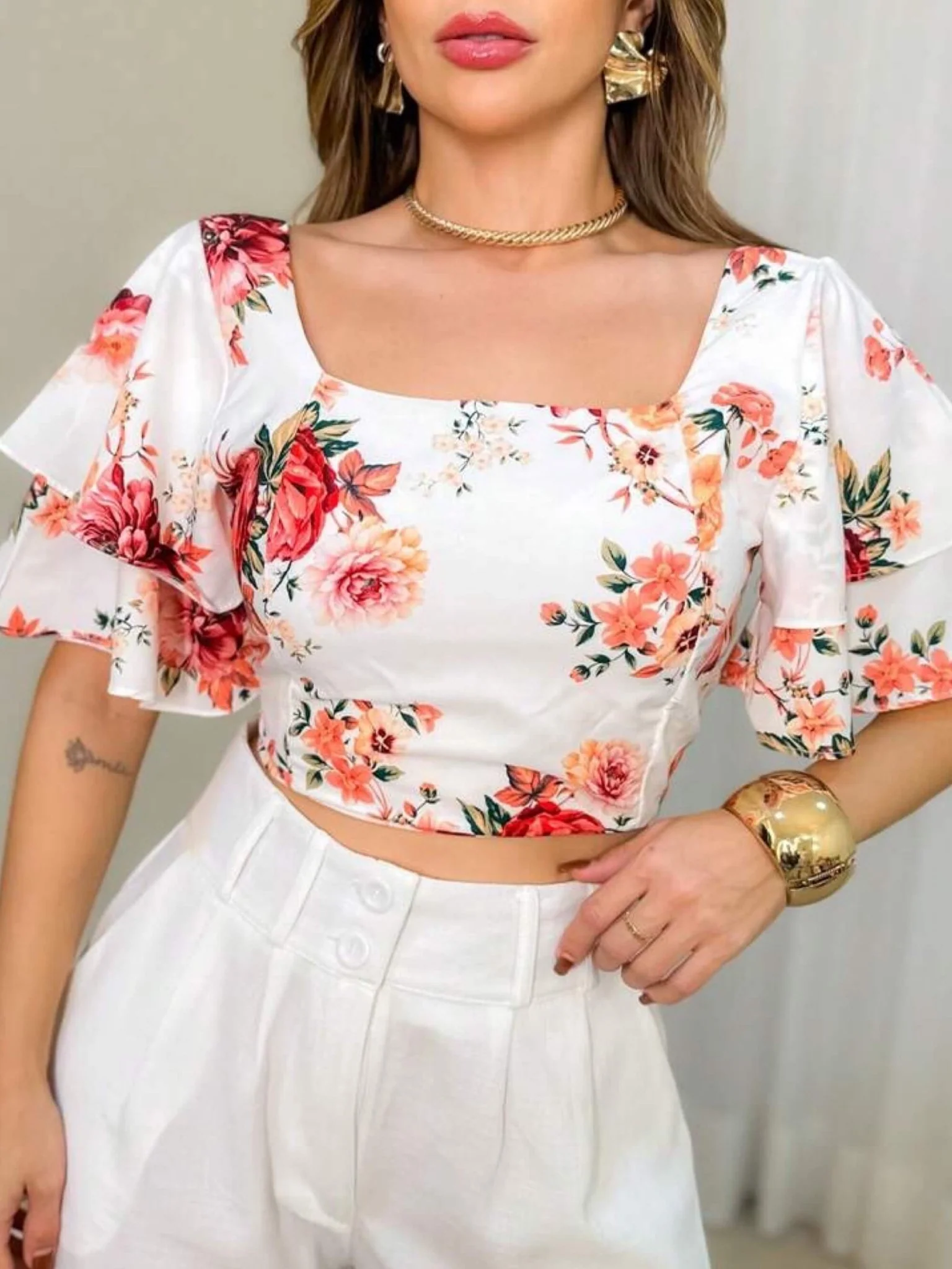 Square Neck Layered Ruffle Sleeves Blouse