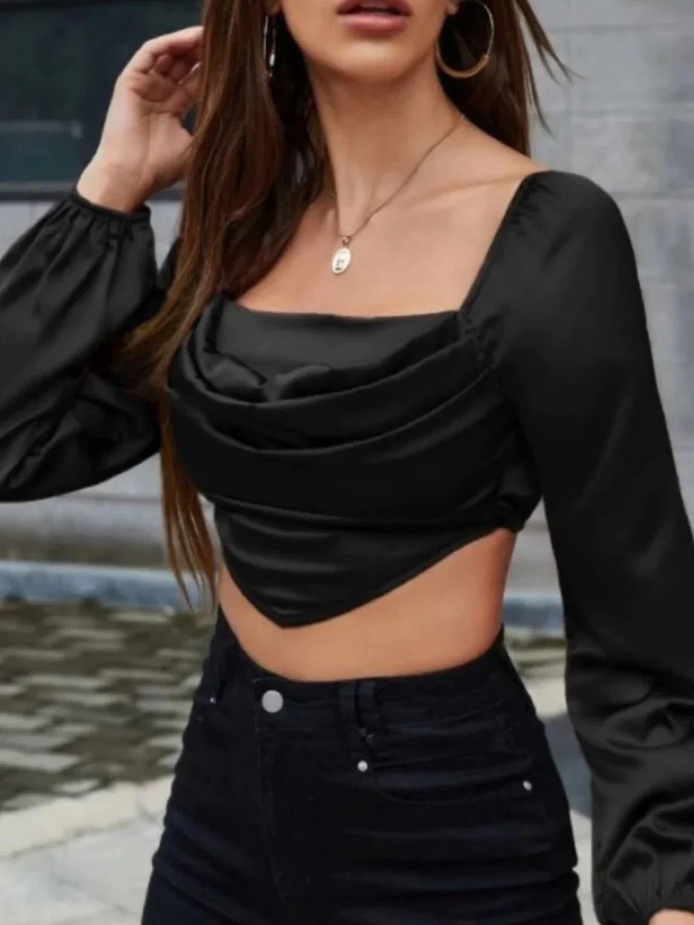 Square Neck With Lantern Sleeve Bandana Crop Blouse - Image 3