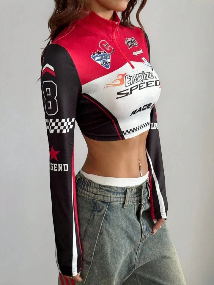 Streetwear Ricing Game Quarter Zip Turtleneck Full Sleeve Crop Top - Image 3