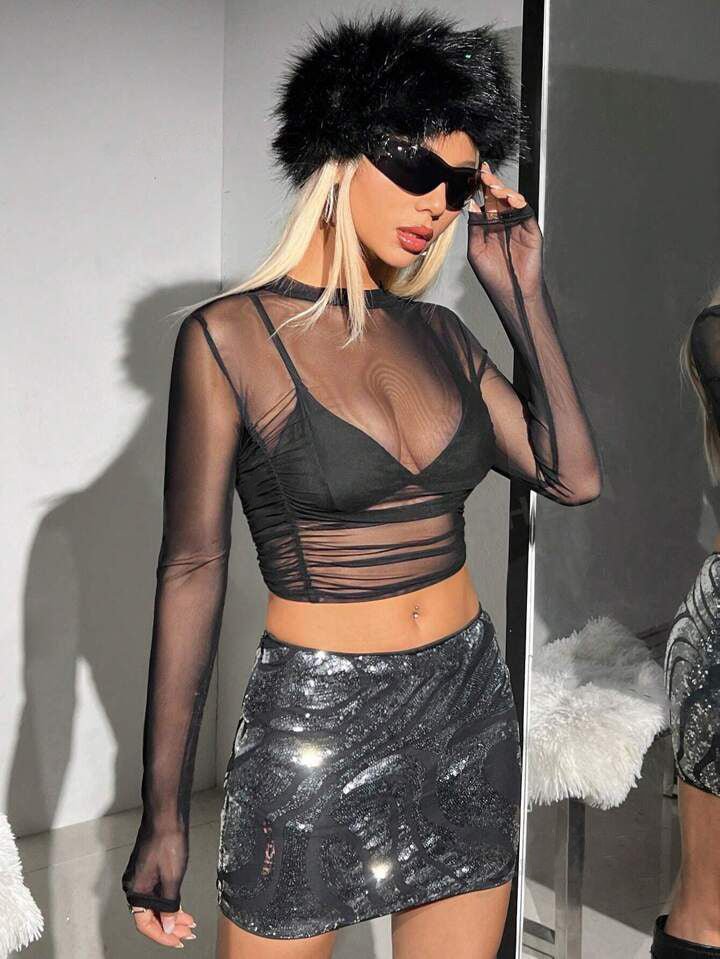 Summer Solid Ruched Sheer Mesh Black Crop Top Without Bra Legacy Boutiques Dhaka - Image 5