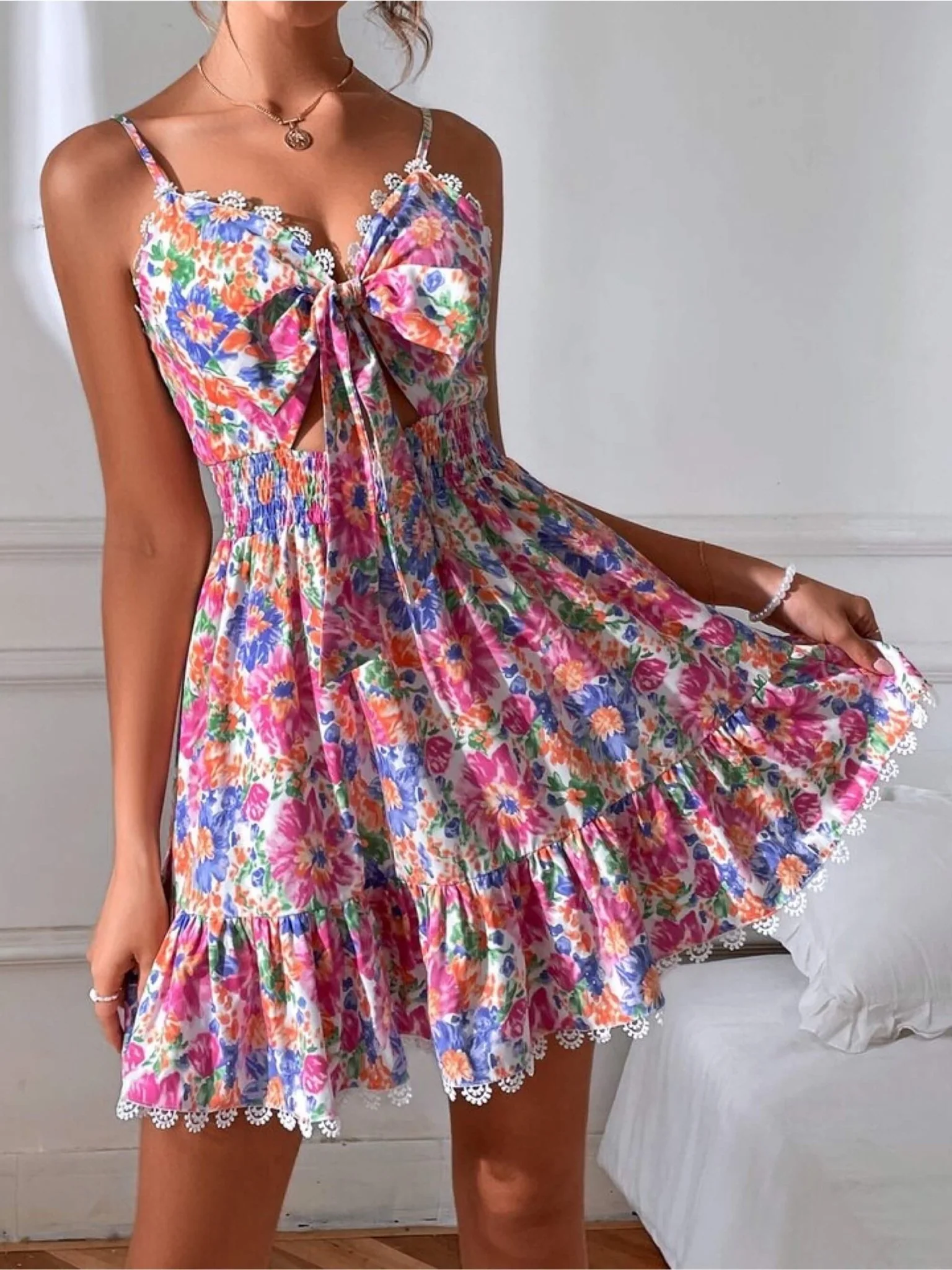 Sunset Floral Smocked Waist Sun Dress - Crochet Lace Detail 🌿