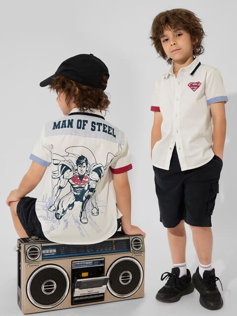 Superman Man of Steel Illustrated Back Graphic Kids Casual Shirt